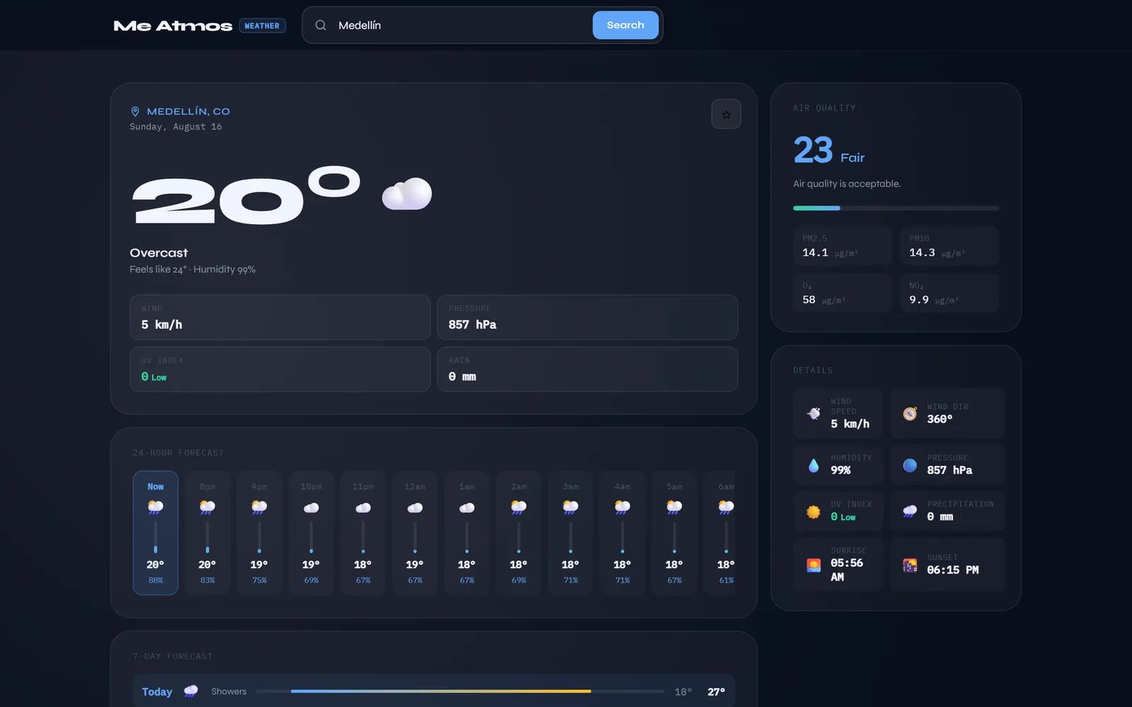 Panel de MeAtmos mostrando la temperatura actual, el pronóstico de siete días y el índice de calidad del aire